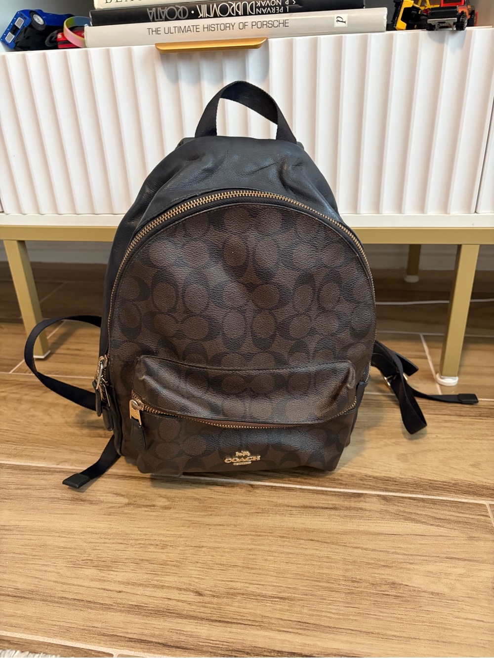 Coach Medium Charlie Backpack Signature Canvas Leather Brown Black F32200